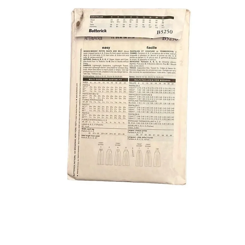 Vintage Butterick B5250 Pants & Belt Sewing Pattern New (2008) Size AA‎ (6-12)